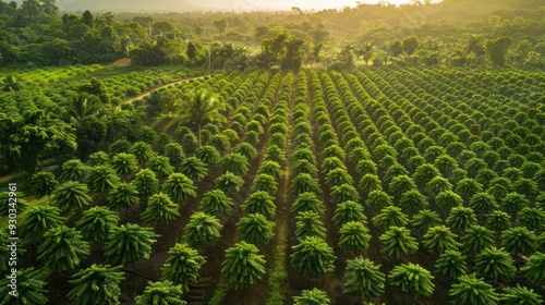 An aerial view of a large cocoa plantation with neatly aligned rows of green cocoa trees
