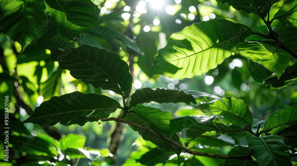 Obraz premium Green cocoa leaves creating a natural canopy with sunlight filtering through