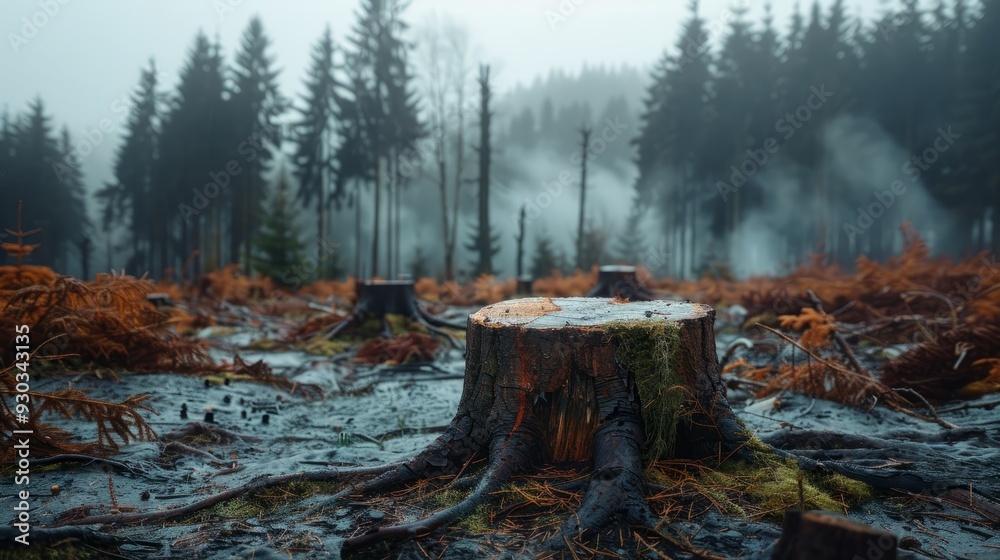 Forest clearing with fallen tree stumps and misty atmosphere in autumn Forest clearing with fallen tree stumps and misty atmosphere in autumn