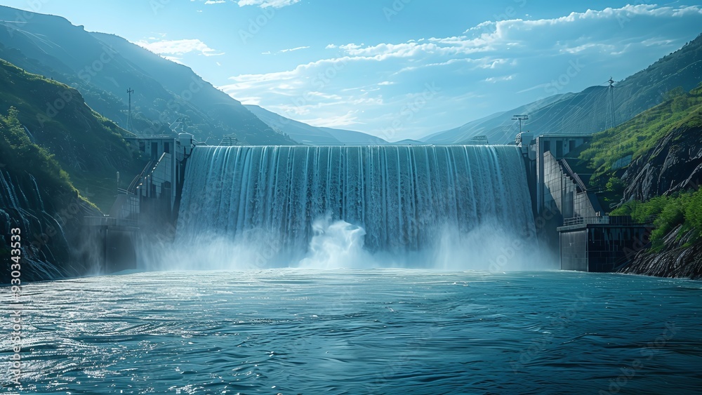 Fototapeta premium Hydroelectric Dam in Full Operation with Water Flowing Through Spillways Against Rugged Mountains and Clear Blue Sky - Sustainable Energy Generation