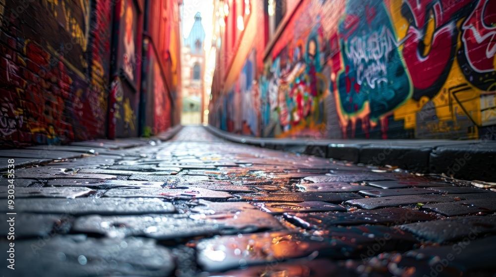 Graffiti-covered alleyway in urban setting with wet cobblestones at sunset Graffiti-covered alleyway in urban setting with wet cobblestones at sunset