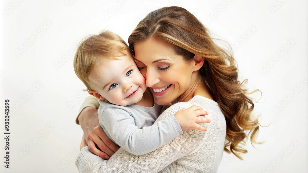 a beaming mother wraps her arms around her little one, holding them close in a warm and loving hug against a pure white backdrop. a beaming mother wraps her arms around her little one, holding them close in a warm and loving hug against a pure white backdrop.