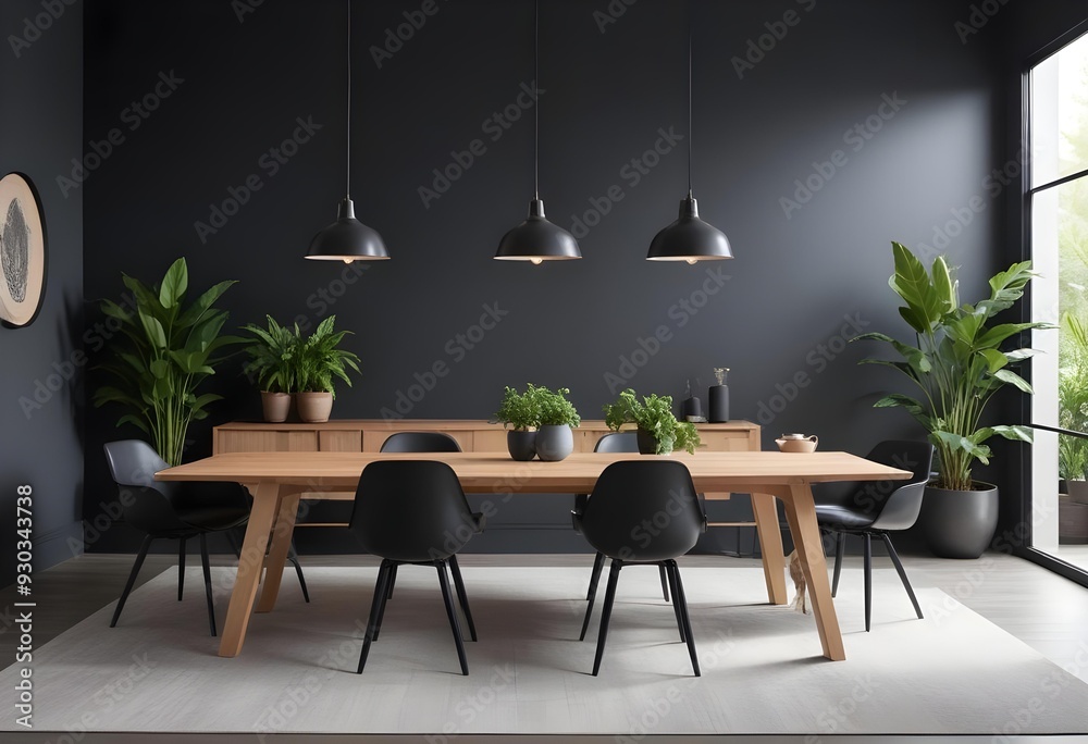 A modern dining room with a large wooden table, black chairs, and potted plants on the table. The room has a dark gray wall and pendant lights above the table. A modern dining room with a large wooden table, black chairs, and potted plants on the table. The room has a dark gray wall and pendant lights above the table.