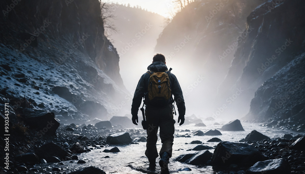 Obraz premium Stream Lost in Foggy Winter: The Expeditioner's Tour Engulfed in Landslide