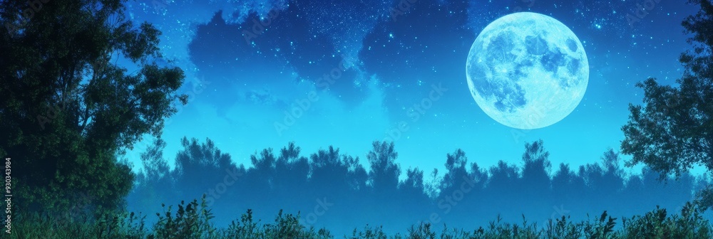 Forest of spruce trees silhouetted against a full moon in dramatic nighttime scenery Forest of spruce trees silhouetted against a full moon in dramatic nighttime scenery