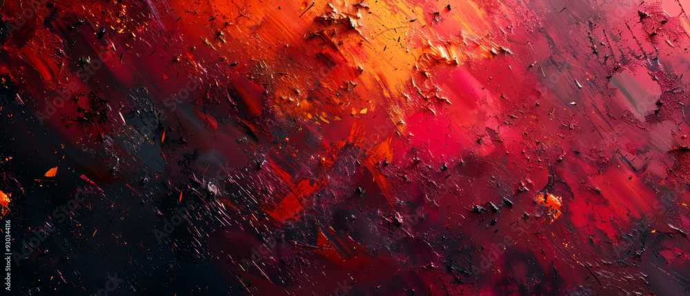 A vibrant abstract painting with bold reds, oranges, and dark hues, evoking sense of energy and passion. texture adds depth and movement to composition. A vibrant abstract painting with bold reds, oranges, and dark hues, evoking sense of energy and passion. texture adds depth and movement to composition.