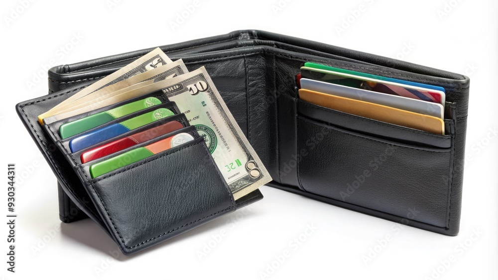 A black leather wallet lying open, revealing a stack of credit cards, cash, and identification, symbolizing modern financial organization and responsibility. A black leather wallet lying open, revealing a stack of credit cards, cash, and identification, symbolizing modern financial organization and responsibility.
