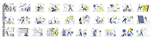 Mega set of linear minimalist concepts with people scene in flat cartoon design. The set of illustrations with big elements and cover a variety of topics. Vector illustration.