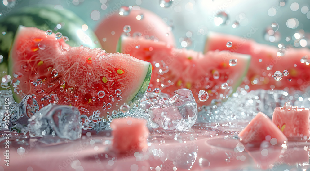 Fresh watermelon slices and ice cubes floating in water against a pink background. Fresh watermelon slices and ice cubes floating in water against a pink background.