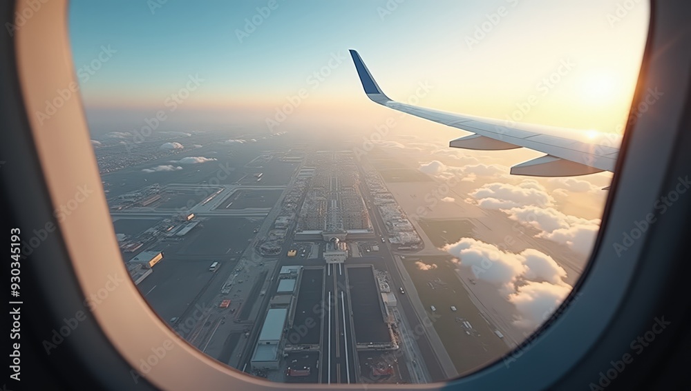 View from an airplane window during takeoff View from an airplane window during takeoff