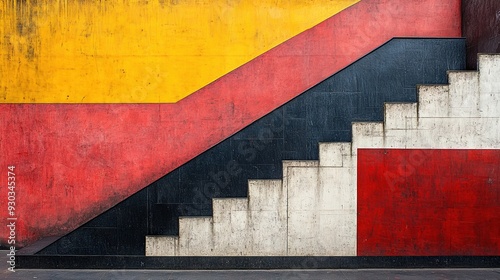 Geometric wall mural of stairs in bold red yellow and black