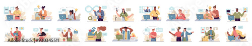 Bundle of stylish concepts with people scene in flat cartoon design. The big set of illustrations are done in beautiful colors and cover a variety of topics. Vector illustration.