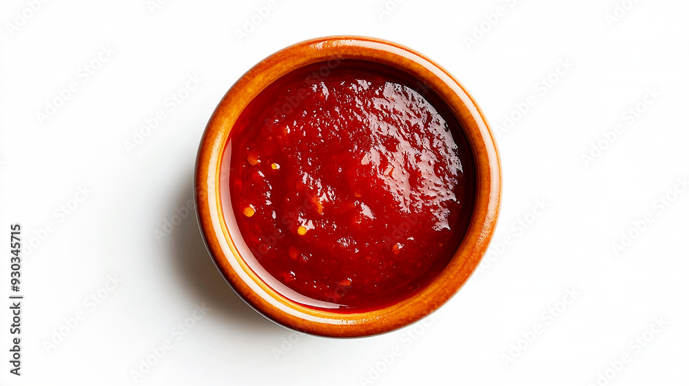 bowl of hot sauce with a rich, red color, placed on a white background bowl of hot sauce with a rich, red color, placed on a white background