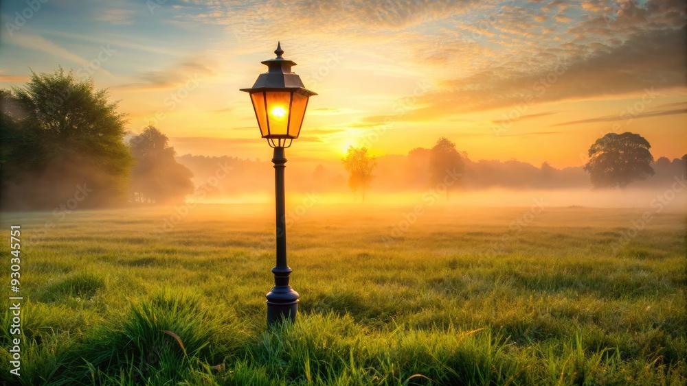 A bright lamppost stands alone on a misty morning, its glowing orb casting a warm light on the dewy grass surrounding its sturdy iron base. A bright lamppost stands alone on a misty morning, its glowing orb casting a warm light on the dewy grass surrounding its sturdy iron base.