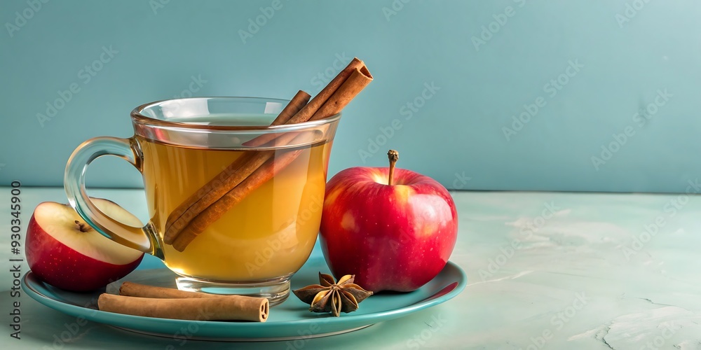 Cup of hot apple cider with cinnamon sticks and an apple slice on a light marble background with copy space.
