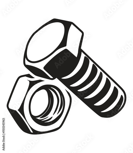 black and white bolt and nut vector, simple image
