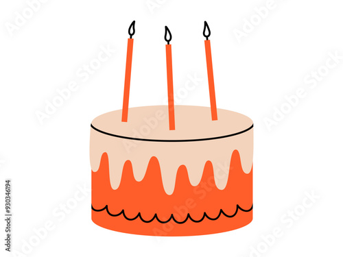 Hand drawn cute cartoon illustration of birthday cake with candles. Anniversary pie. Flat vector celebration party dessert doodle style. Invitation sweet food icon or print. Holiday event. Isolated.