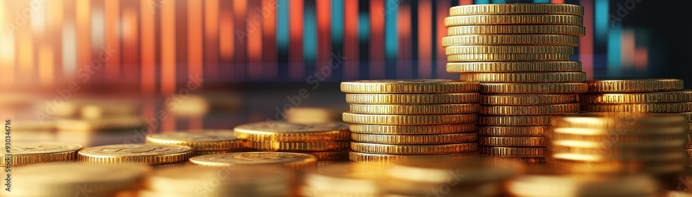 Obraz premium Stacks of Gold Coins with Financial Graphs in the Background Representing Investment and Wealth Growth