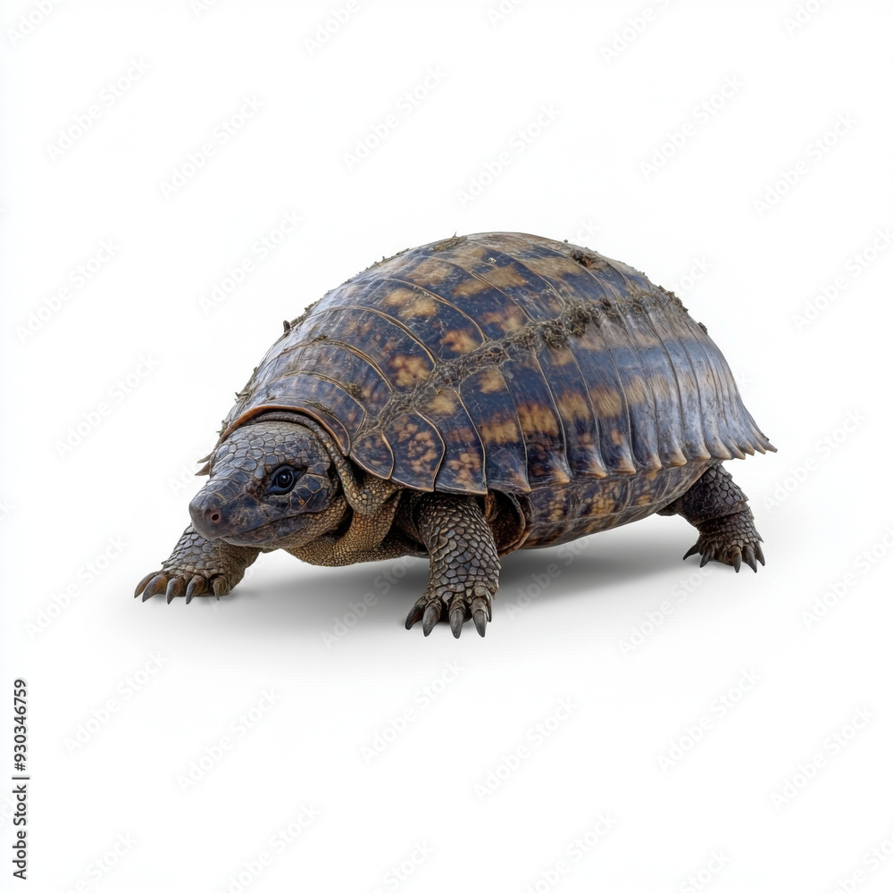 A turtle on a white background, highlighting its natural texture and shell details in a simple, clean setting. A turtle on a white background, highlighting its natural texture and shell details in a simple, clean setting.