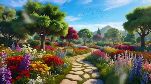 beautiful view of flower garden with path, lush greenery. Seamless looping 4k video animation
