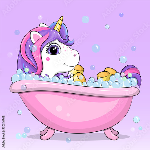 A cute unicorn takes a bath. Vector illustration of animals on a lilac background with bubbles.