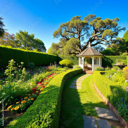 Beautiful English Garden with Well-Manicured Hedges and Gazebo