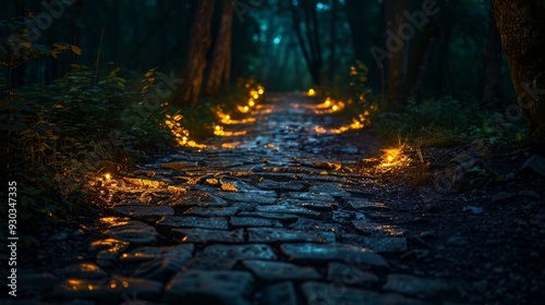 Cobblestone path lights up with glowing orbs in a misty forest during twilight