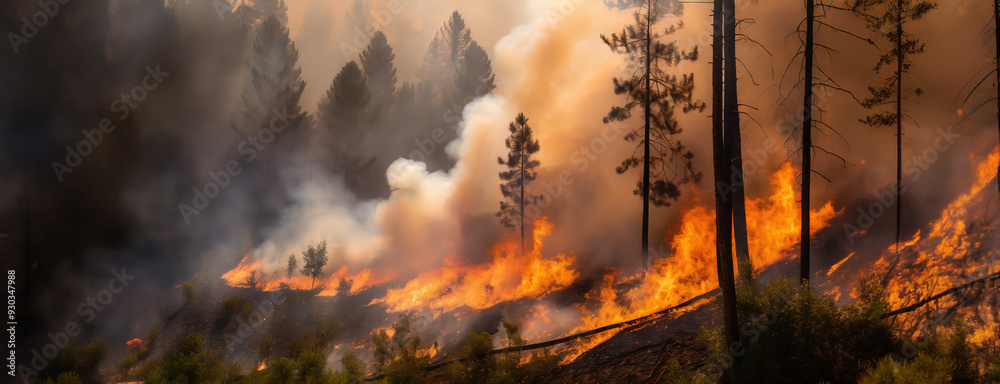 A forest fire with intense flames and thick smoke billowing through the trees, creating a dramatic and dangerous scene.