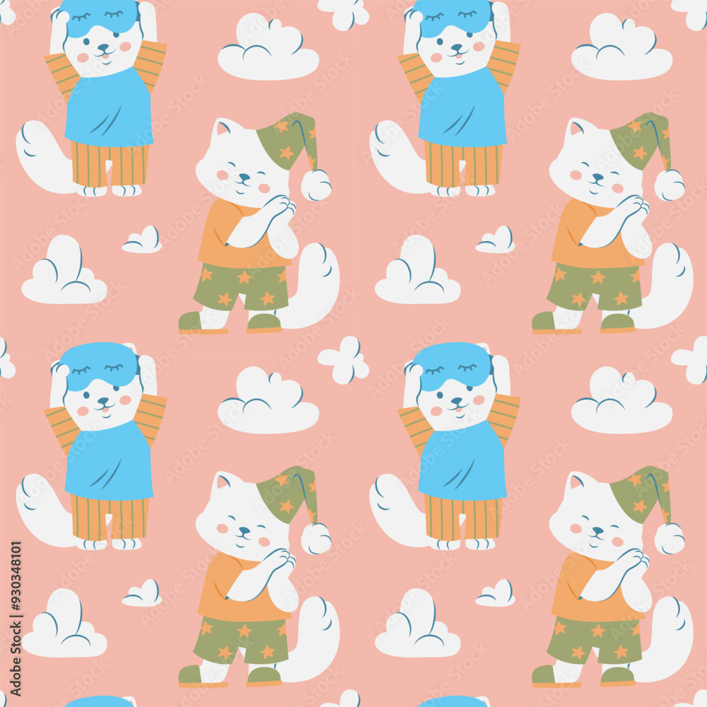 Cute Cat Sleep Pattern with Clouds and Pajamas Cute Cat Sleep Pattern with Clouds and Pajamas