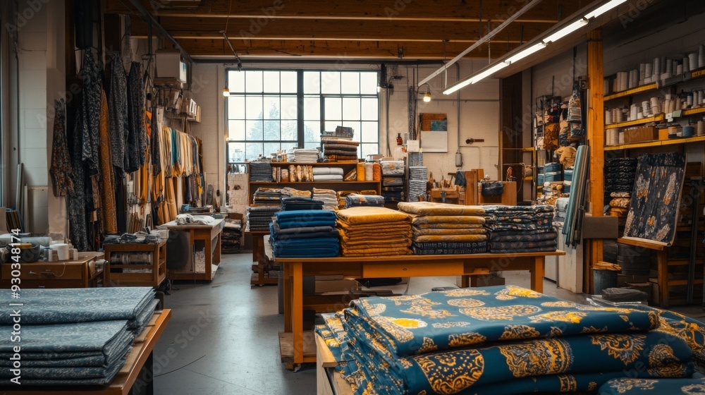 A textile workshop showcases vibrant fabrics and rolls neatly arranged on tables in a well-lit studio.