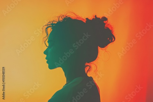 Silhouette of a woman with a glowing red head gazing thoughtfully into the distance symbolizing introspection creativity and the vibrant energy of inspiration in a minimalist environment photo