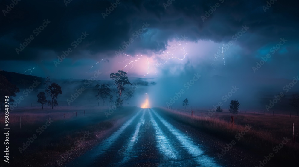 Fototapeta premium Lightning illuminates a stormy landscape along a deserted road at twilight
