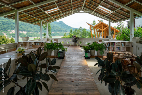 Outdoor restaurant on the lakeside lawn photo