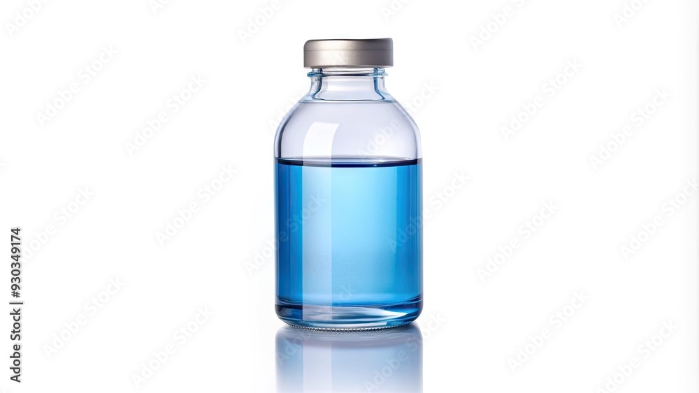 A clear glass medical bottle with a narrow neck, white cap, and label, containing a blue liquid, isolated on a white background, ready for laboratory testing. A clear glass medical bottle with a narrow neck, white cap, and label, containing a blue liquid, isolated on a white background, ready for laboratory testing.