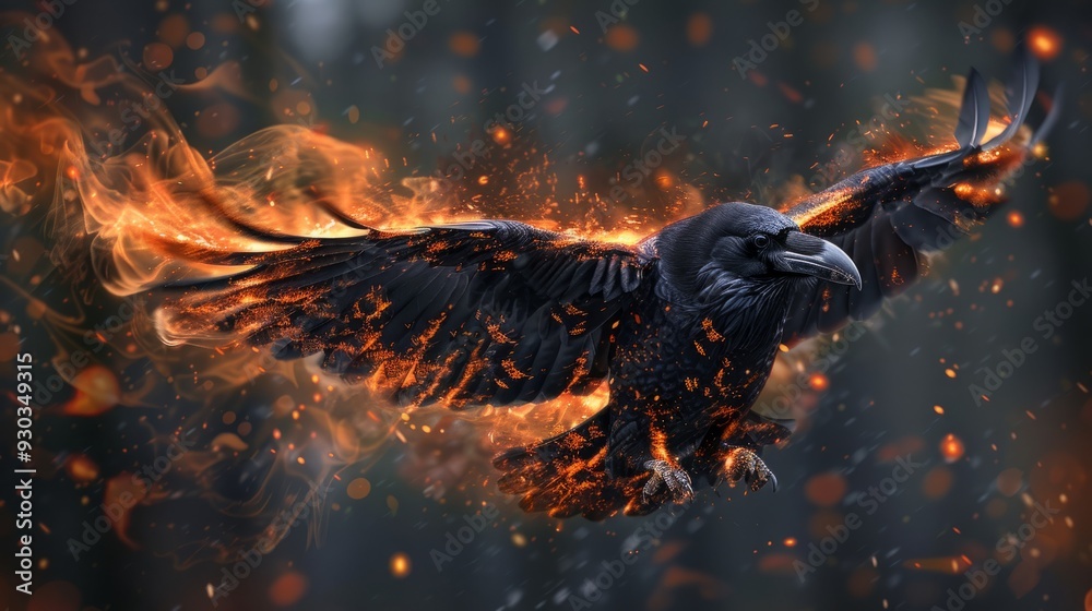 Naklejka premium A raven with fiery wings soars through a dark forest in a magical twilight setting