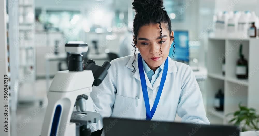 Biochemist, microscope and analysis sample in lab, examine and virus specimen or vaccine research for healthcare study. Cure development, scientist and record data results, investigation and woman Biochemist, microscope and analysis sample in lab, examine and virus specimen or vaccine research for healthcare study. Cure development, scientist and record data results, investigation and woman