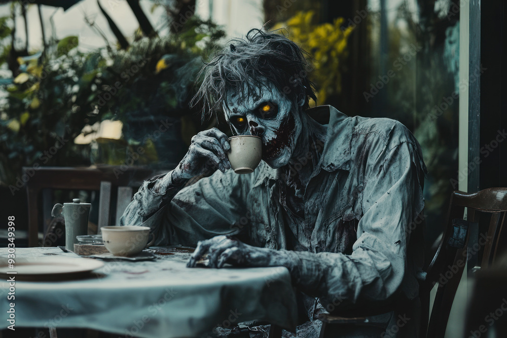 Extremely decaying male zombie drinks tea or coffee sitting at the table. Ordinary zombie everyday life. Halloween concept, apocalypse.
