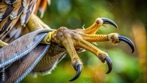 A close-up of a bird's sharp, curved talon with a ripped and torn piece of fabric caught in its deadly, grasping claws. photo