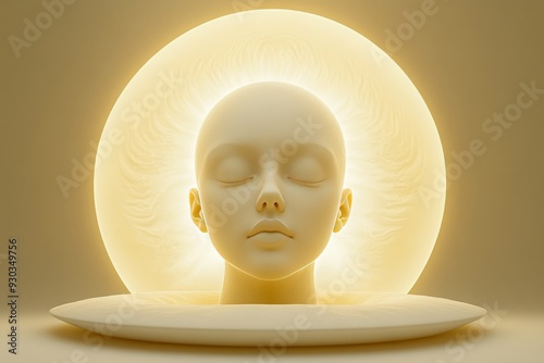 A serene glowing face emerges from a halo like light representing purity enlightenment and spiritual awakening ideal for illustrating concepts of meditation inner peace and transcendence