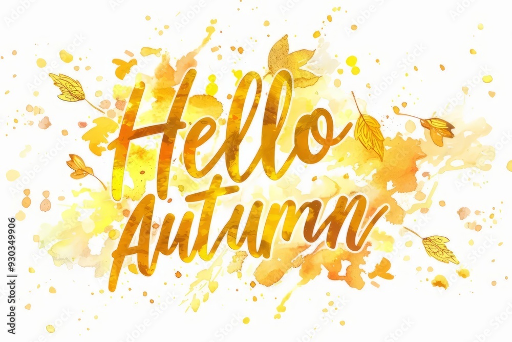 Hello autumn lettering quote with watercolor september maple leaves, splashes on white background. Hello fall typography design inspiration. Autumn frame for greeting card, banner, poster Hello autumn lettering quote with watercolor september maple leaves, splashes on white background. Hello fall typography design inspiration. Autumn frame for greeting card, banner, poster