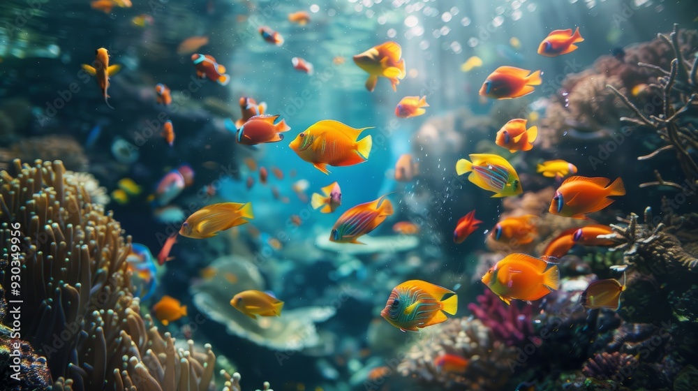 Naklejka premium Colorful tropical fish swim among coral reefs in a vibrant underwater paradise