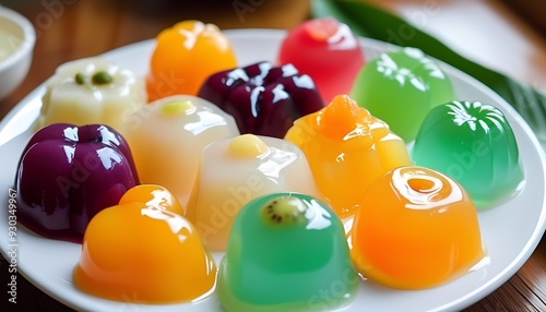 Luk chup, a Thai dessert made from mung beans, shaped into various fruits, and coated in jelly, creating a vibrant and appetizing treat.