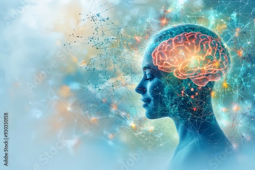 Wallpaper Mural A translucent profile of a human head with a glowing brain surrounded by swirling particles and digital elements symbolizing advanced cognitive processes intelligence and the future of technology Torontodigital.ca