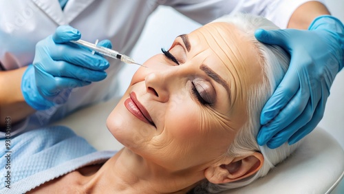 A close-up shot of a healthcare professional administering facial filler injections to a patient's forehead, highlighting the subtle rejuvenation of fine lines and wrinkles.