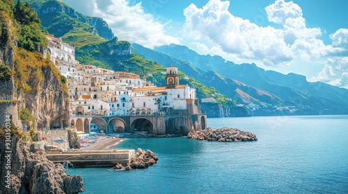 Coastal Town on Amalfi Coast with Mountains and Sea