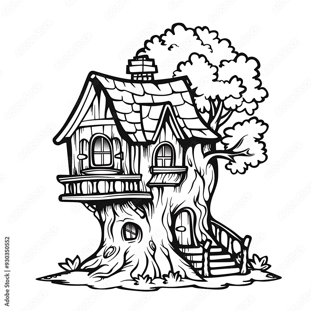 Fototapeta premium a black and white drawing of a tree house with a tree