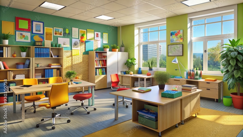 A cluttered administrative office in a school setting with desks, chairs, shelves, and educational materials surrounded by motivational posters and bright colorful walls. A cluttered administrative office in a school setting with desks, chairs, shelves, and educational materials surrounded by motivational posters and bright colorful walls.