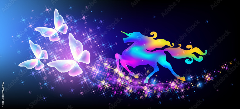 Galloping unicorn with luxurious winding mane and flying magic butterflies against the background of the fantasy universe with sparkling stars. Galloping unicorn with luxurious winding mane and flying magic butterflies against the background of the fantasy universe with sparkling stars.