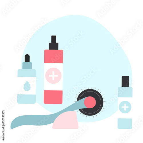 Vector image of various skincare products and a roller for facial massage.