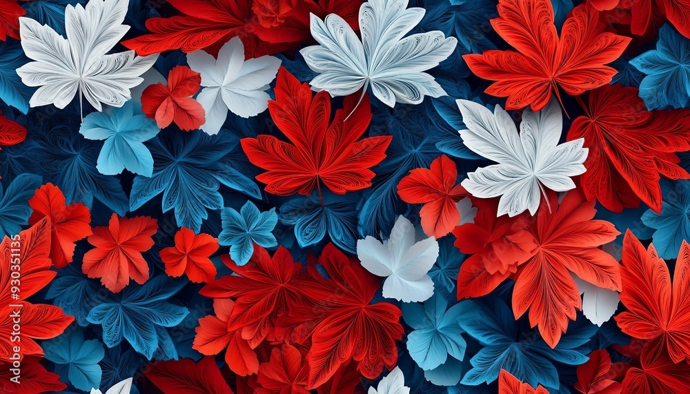 seamless pattern of 3D maple leaves reds blue and white,  paper quill pattern.	
